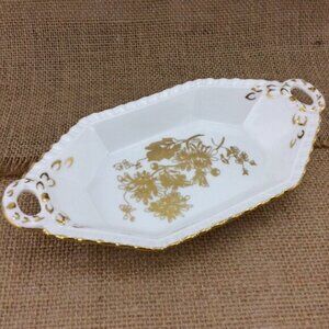 Vintage Hammersley Floral White Gold Gilt Trinket Dish Chrysanthemum Tab Handled